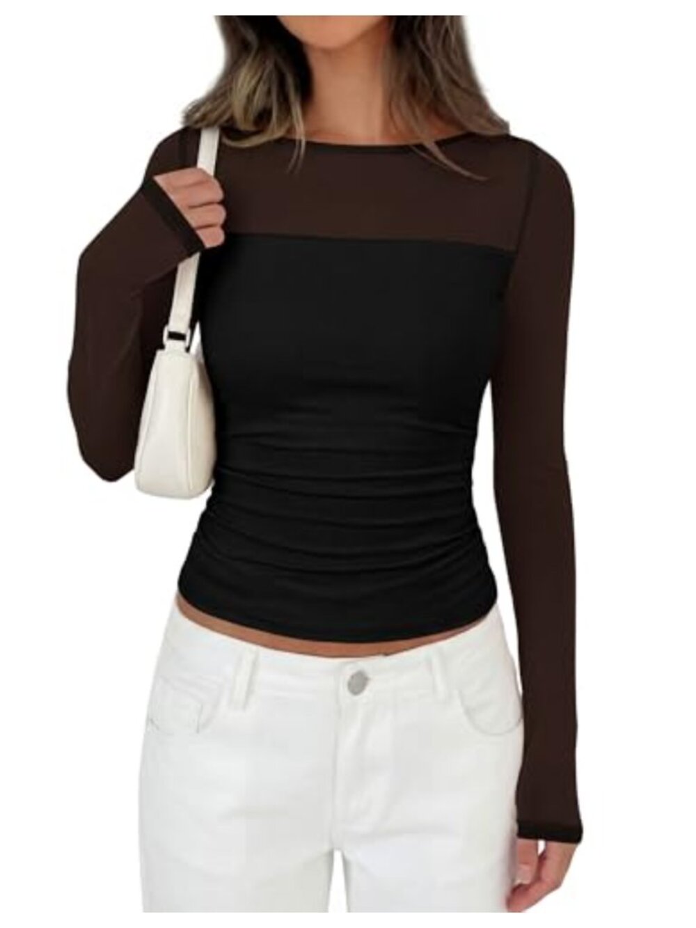 Women's Sheer Mesh Long Sleeve Fitted Boat Neck Ruched Top